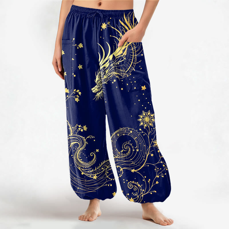 Buddha Stones Cotton Golden Dragon Swirl Floral Pattern Women's Elastic Waist Harem Pants With Side Pockets - Navy - US16,UK/AU20,EU48 (3XL) - image 7