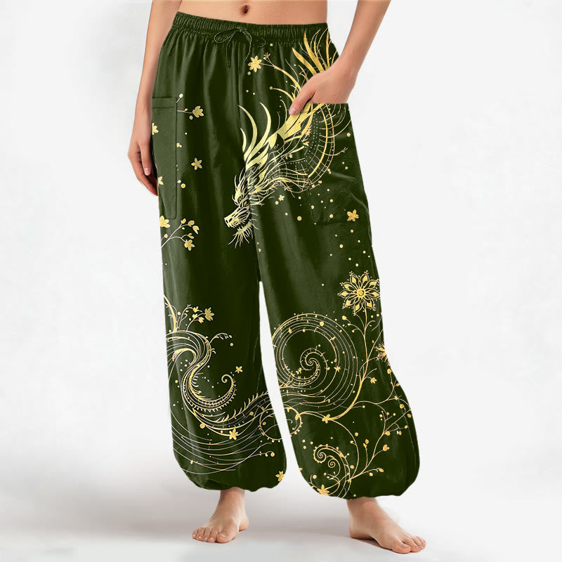 Buddha Stones Cotton Golden Dragon Swirl Floral Pattern Women's Elastic Waist Harem Pants With Side Pockets - DarkOliveGreen - US16,UK/AU20,EU48 (3XL) - image 10