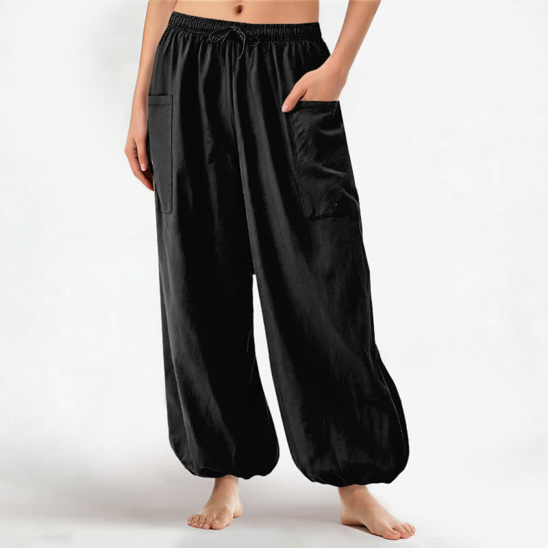 Buddha Stones Cotton Solid Color Minimalist Pattern Women's Elastic Waist Harem Pants With Side Pockets - Black - US16,UK/AU20,EU48 (3XL) - image 0
