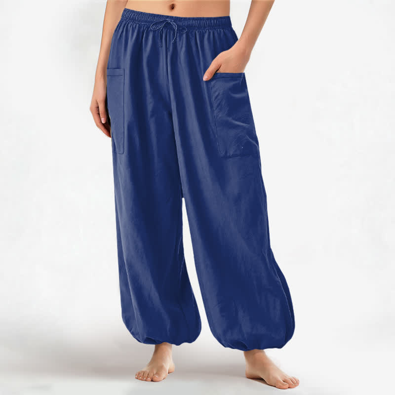 Buddha Stones Cotton Solid Color Minimalist Pattern Women's Elastic Waist Harem Pants With Side Pockets - Navy - US16,UK/AU20,EU48 (3XL) - image 7