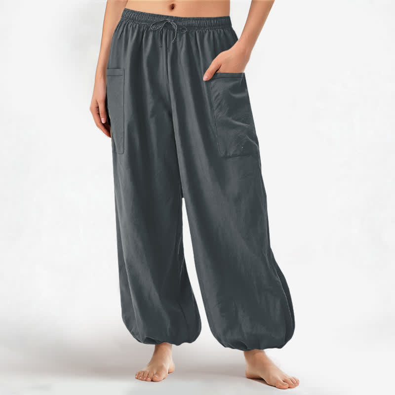 Buddha Stones Cotton Solid Color Minimalist Pattern Women's Elastic Waist Harem Pants With Side Pockets - SlateGray - US16,UK/AU20,EU48 (3XL) - image 10