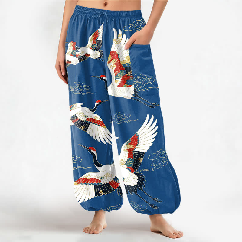 Buddha Stones Cotton Oriental Crane Cloud Pattern Women's Elastic Waist Harem Pants With Side Pockets - CornflowerBlue - US16,UK/AU20,EU48 (3XL) - image 0