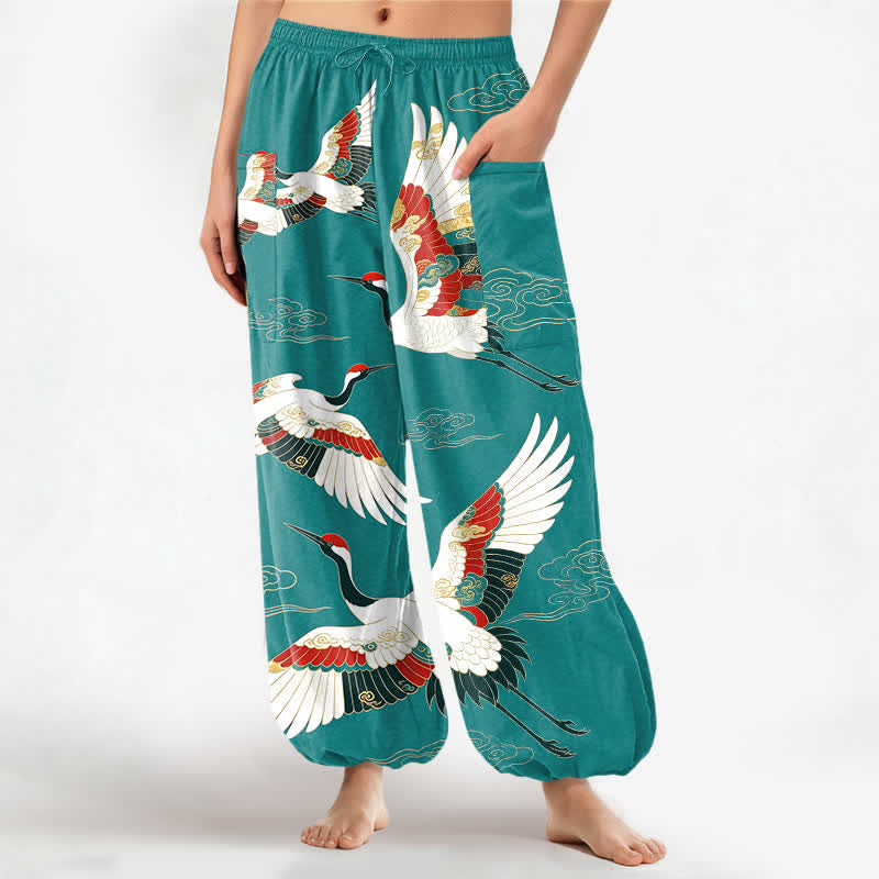 Buddha Stones Cotton Oriental Crane Cloud Pattern Women's Elastic Waist Harem Pants With Side Pockets - MediumTurquoise - US16,UK/AU20,EU48 (3XL) - image 7