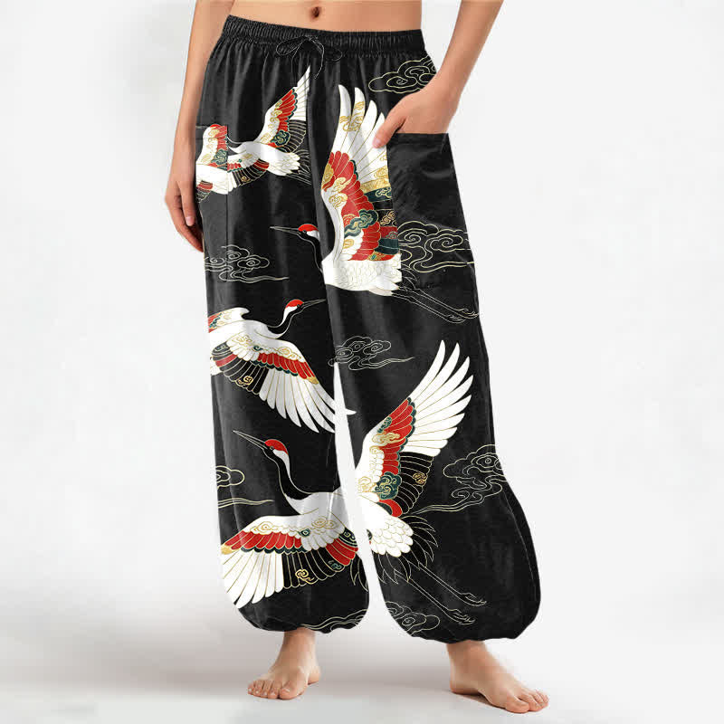 Buddha Stones Cotton Oriental Crane Cloud Pattern Women's Elastic Waist Harem Pants With Side Pockets - Black - US16,UK/AU20,EU48 (3XL) - image 10