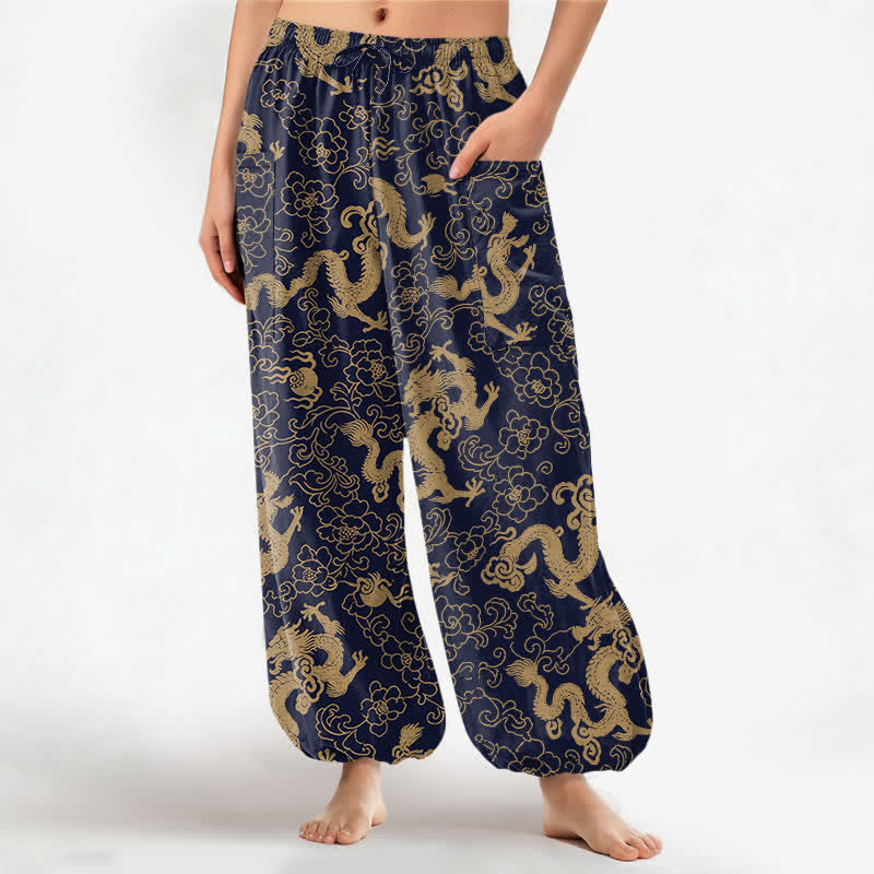 Buddha Stones Cotton Golden Dragon Flower Pattern Women's Elastic Waist Harem Pants With Side Pockets - Navy - US16,UK/AU20,EU48 (3XL) - image 0