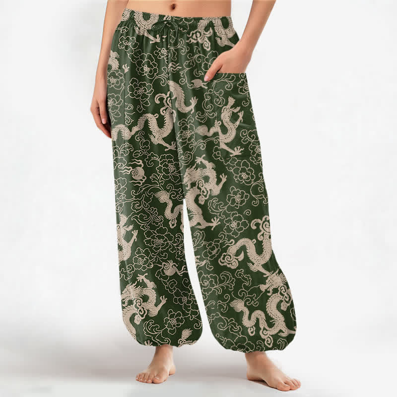 Buddha Stones Cotton Golden Dragon Flower Pattern Women's Elastic Waist Harem Pants With Side Pockets - ForestGreen - US16,UK/AU20,EU48 (3XL) - image 7