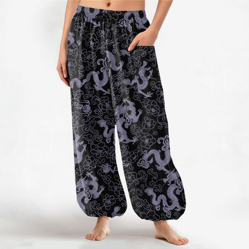 Buddha Stones Cotton Golden Dragon Flower Pattern Women's Elastic Waist Harem Pants With Side Pockets - Black - US16,UK/AU20,EU48 (3XL) - image 10