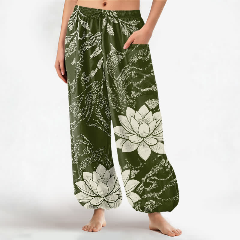 Buddha Stones Cotton Olive Lotus Botanical Pattern Women's Elastic Waist Harem Pants With Side Pockets - DarkOliveGreen - US16,UK/AU20,EU48 (3XL) - image 0