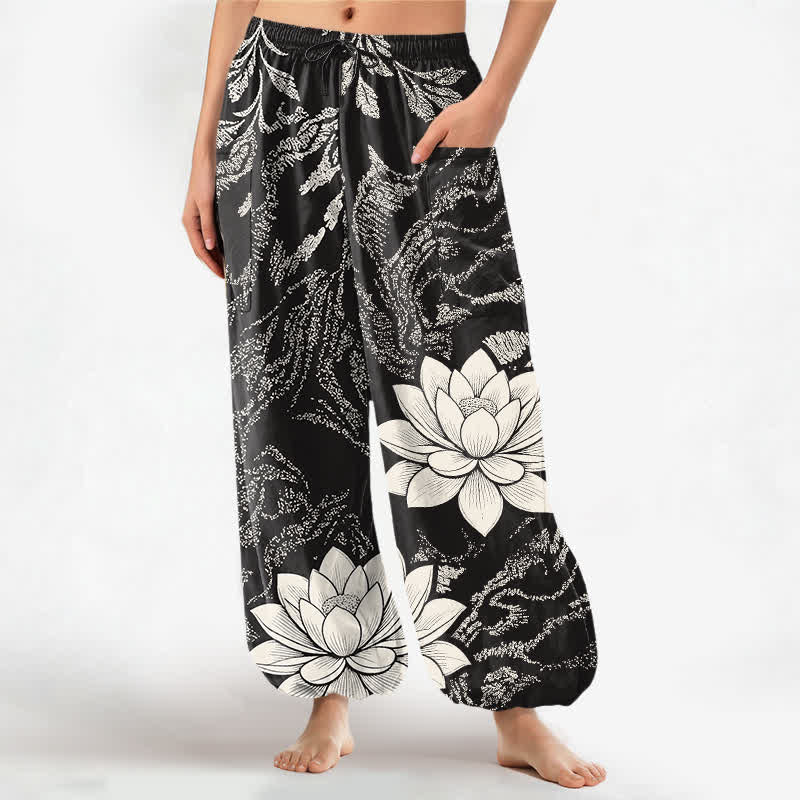 Buddha Stones Cotton Olive Lotus Botanical Pattern Women's Elastic Waist Harem Pants With Side Pockets - Black - US16,UK/AU20,EU48 (3XL) - image 7
