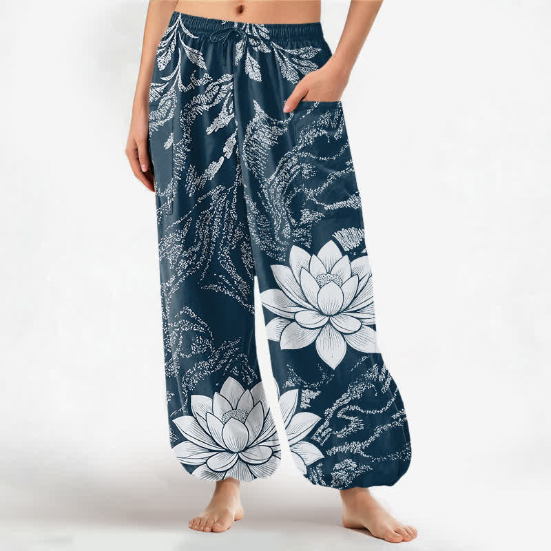 Buddha Stones Cotton Olive Lotus Botanical Pattern Women's Elastic Waist Harem Pants With Side Pockets - Teal - US16,UK/AU20,EU48 (3XL) - image 10