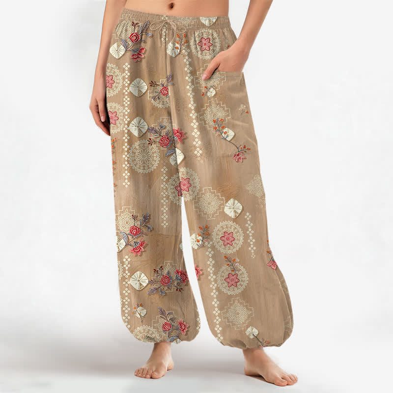 Buddha Stones Cotton Vintage Floral Geometric Pattern Women's Elastic Waist Harem Pants With Side Pockets - BurlyWood - US16,UK/AU20,EU48 (3XL) - image 0