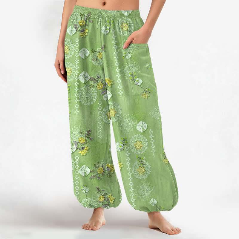 Buddha Stones Cotton Vintage Floral Geometric Pattern Women's Elastic Waist Harem Pants With Side Pockets - LightGreen - US16,UK/AU20,EU48 (3XL) - image 7