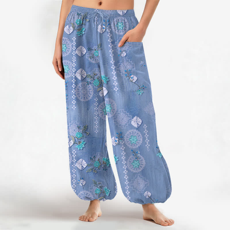 Buddha Stones Cotton Vintage Floral Geometric Pattern Women's Elastic Waist Harem Pants With Side Pockets - SteelBlue - US16,UK/AU20,EU48 (3XL) - image 10