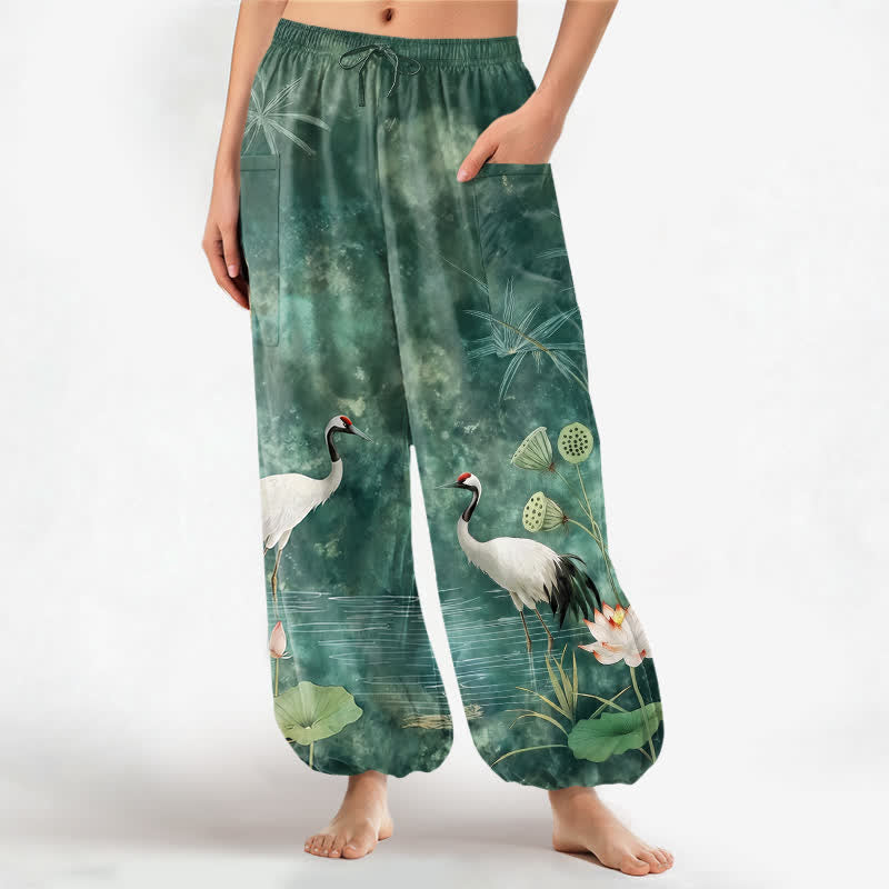 Buddha Stones Cotton Oriental Crane Lotus Pattern Women's Elastic Waist Harem Pants With Side Pockets - MediumAquamarine - US16,UK/AU20,EU48 (3XL) - image 0
