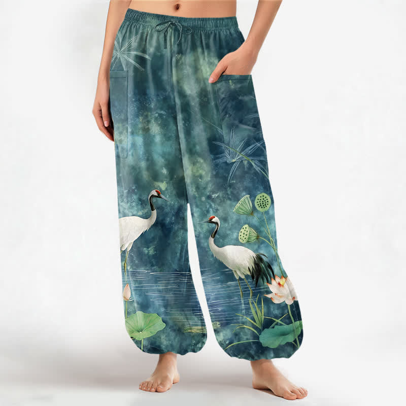 Buddha Stones Cotton Oriental Crane Lotus Pattern Women's Elastic Waist Harem Pants With Side Pockets - Teal - US16,UK/AU20,EU48 (3XL) - image 7