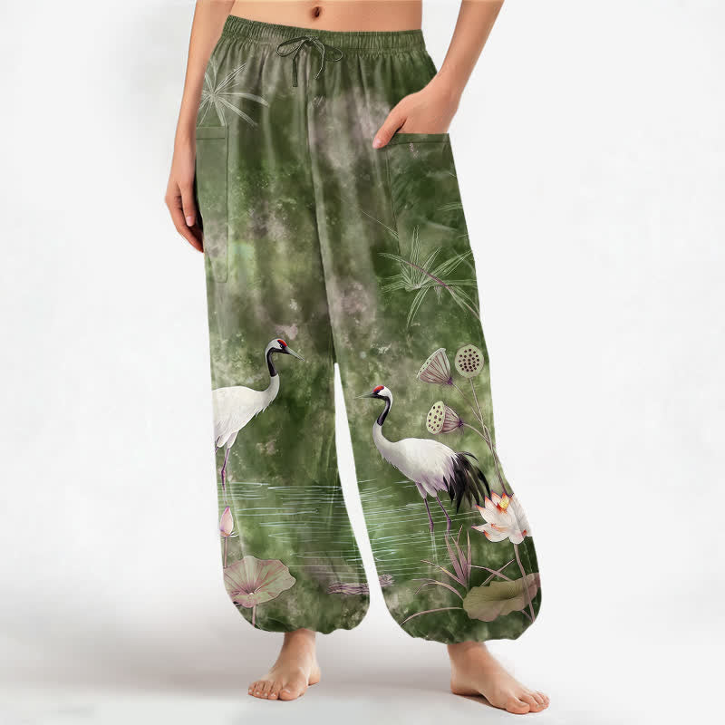 Buddha Stones Cotton Oriental Crane Lotus Pattern Women's Elastic Waist Harem Pants With Side Pockets - OliveDrab - US16,UK/AU20,EU48 (3XL) - image 10