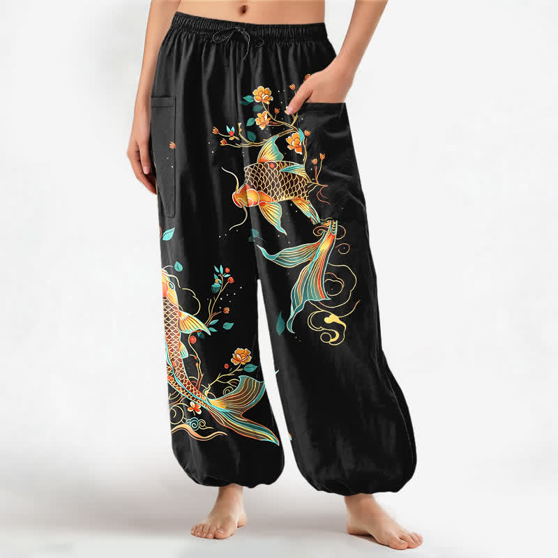 Buddha Stones Cotton Koi Floral Oriental Pattern Women's Elastic Waist Harem Pants With Side Pockets - Black - US16,UK/AU20,EU48 (3XL) - image 0