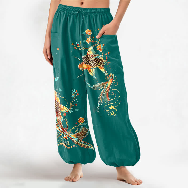 Buddha Stones Cotton Koi Floral Oriental Pattern Women's Elastic Waist Harem Pants With Side Pockets - Teal - US16,UK/AU20,EU48 (3XL) - image 7