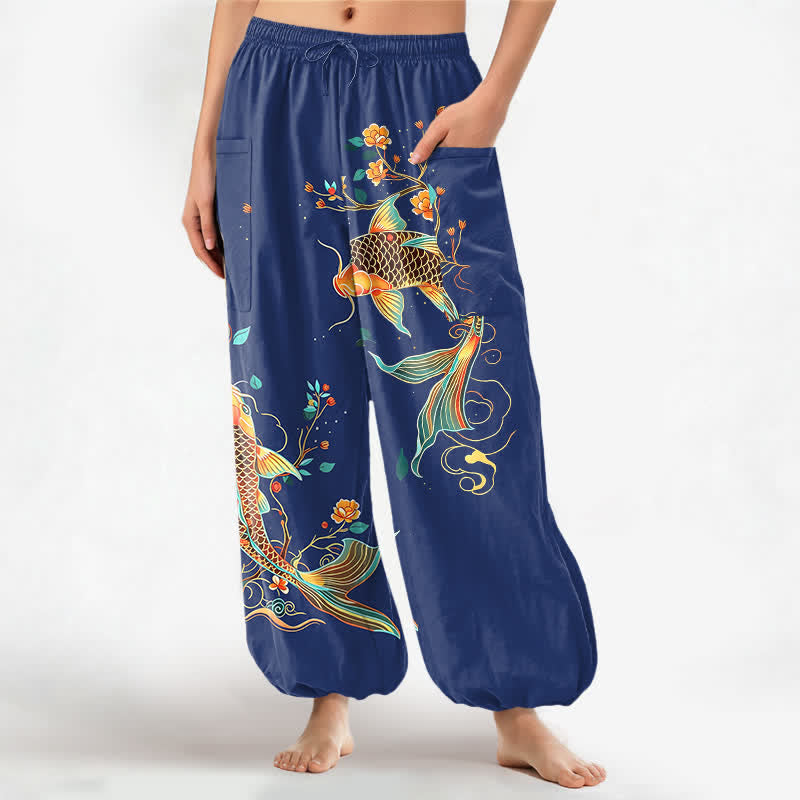 Buddha Stones Cotton Koi Floral Oriental Pattern Women's Elastic Waist Harem Pants With Side Pockets - Navy - US16,UK/AU20,EU48 (3XL) - image 10