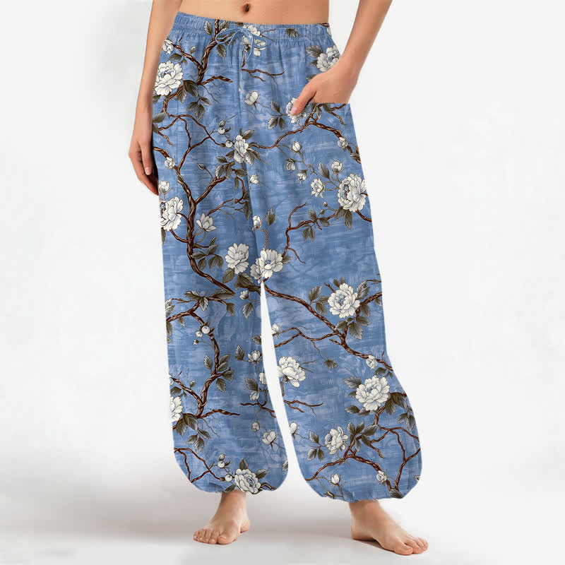 Buddha Stones Cotton Botanical Blossom Pattern Women's Elastic Waist Harem Pants With Side Pockets - SteelBlue - US16,UK/AU20,EU48 (3XL) - image 0