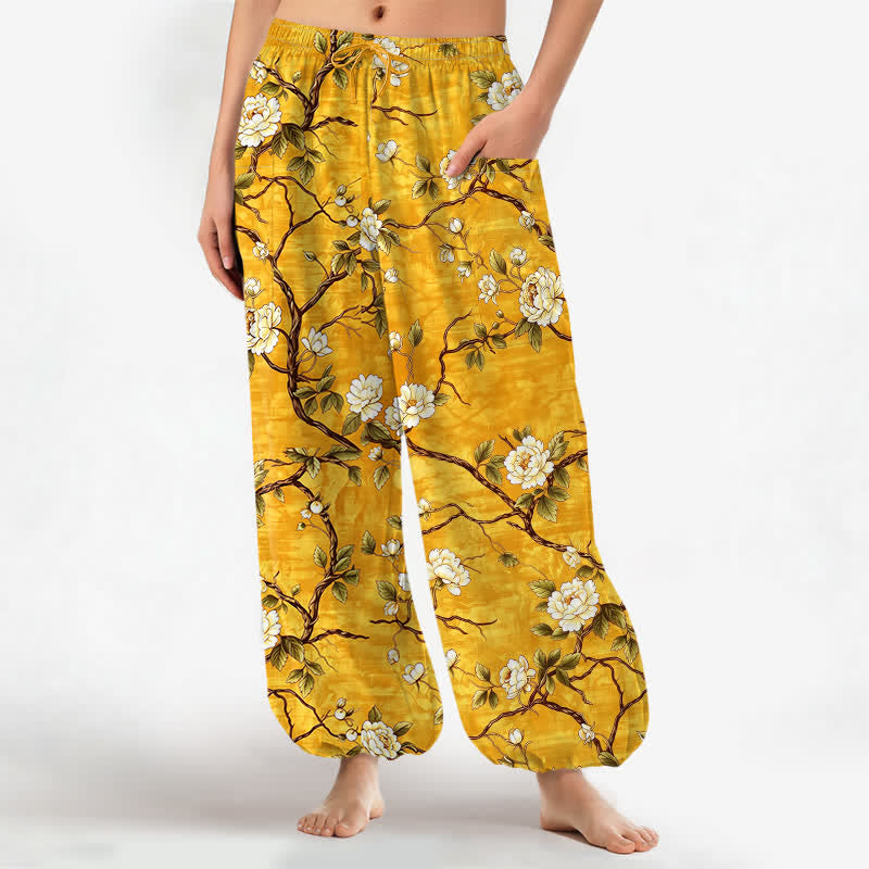 Buddha Stones Cotton Botanical Blossom Pattern Women's Elastic Waist Harem Pants With Side Pockets - Gold - US16,UK/AU20,EU48 (3XL) - image 7