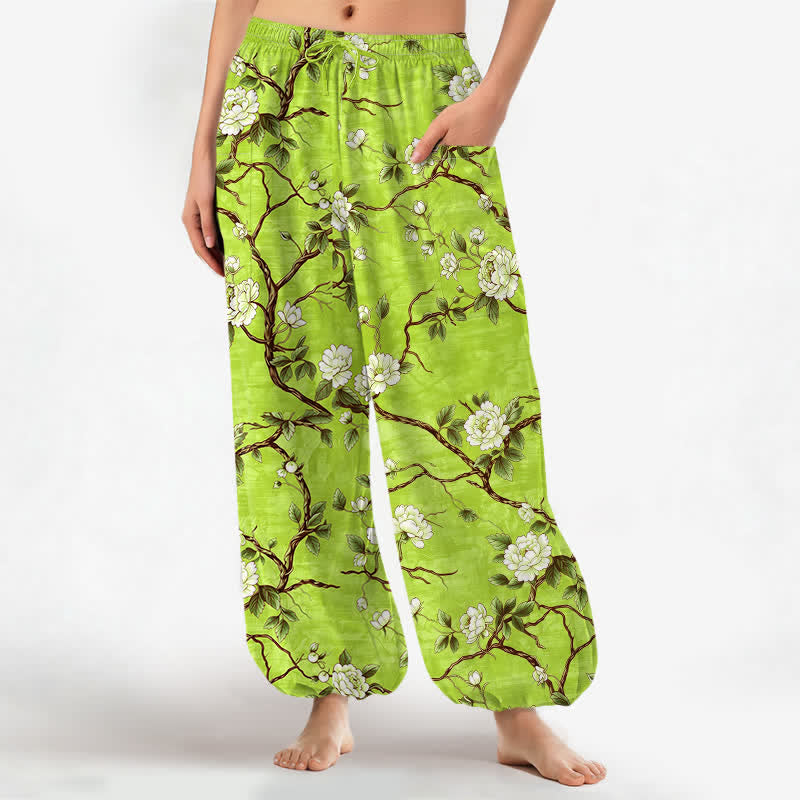 Buddha Stones Cotton Botanical Blossom Pattern Women's Elastic Waist Harem Pants With Side Pockets - LawnGreen - US16,UK/AU20,EU48 (3XL) - image 10