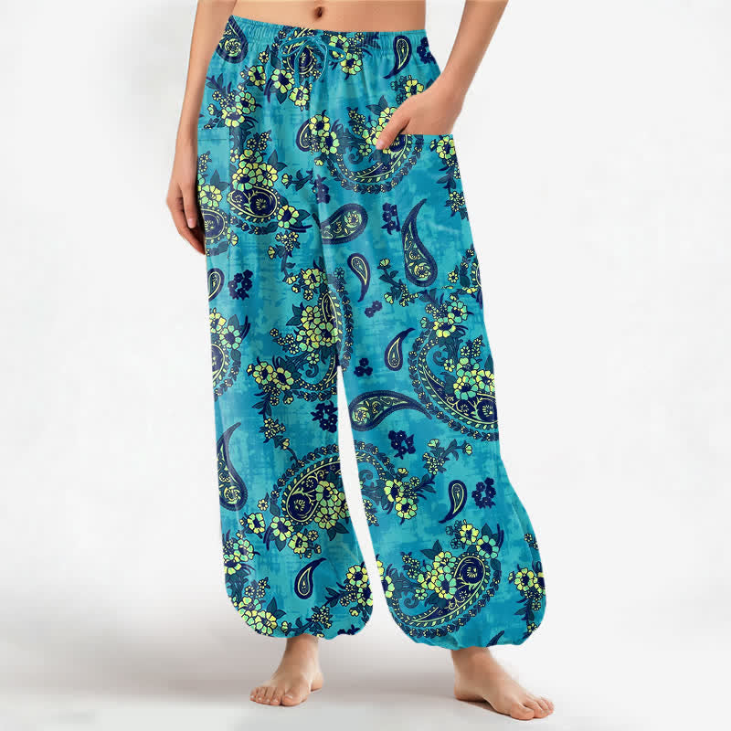 Buddha Stones Cotton Vintage Paisley Floral Pattern Women's Elastic Waist Harem Pants With Side Pockets - Cyan - US16,UK/AU20,EU48 (3XL) - image 0