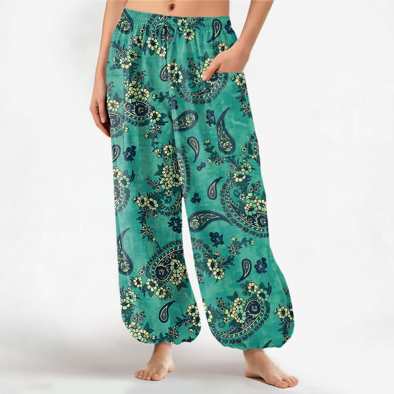 Buddha Stones Cotton Vintage Paisley Floral Pattern Women's Elastic Waist Harem Pants With Side Pockets - Aquamarine - US16,UK/AU20,EU48 (3XL) - image 7