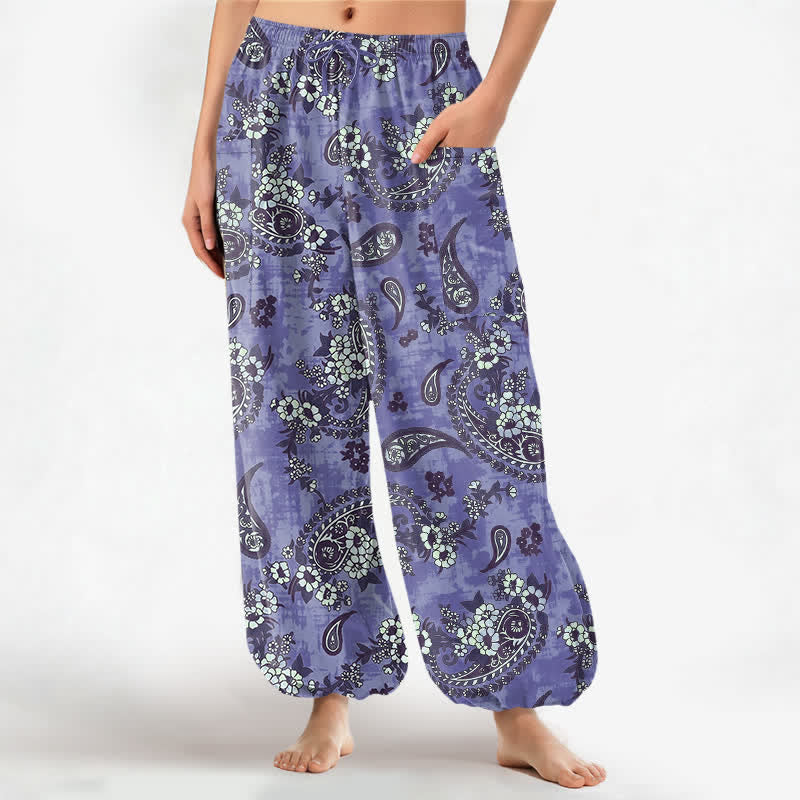 Buddha Stones Cotton Vintage Paisley Floral Pattern Women's Elastic Waist Harem Pants With Side Pockets - SlateBlue - US16,UK/AU20,EU48 (3XL) - image 10