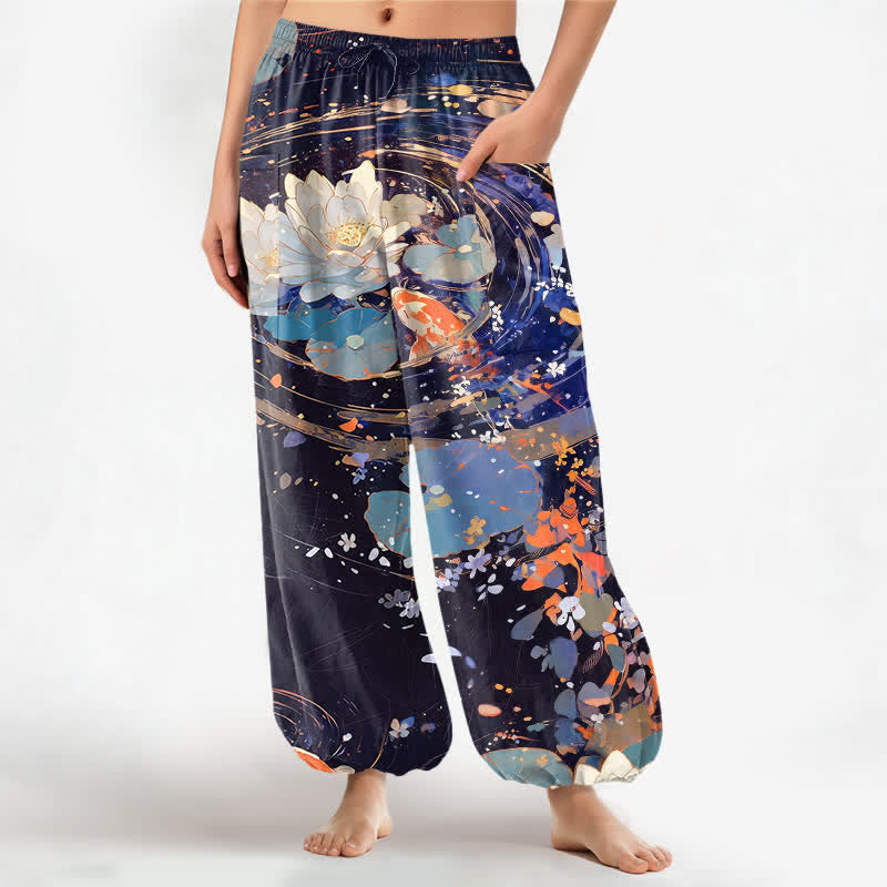 Buddha Stones Cotton Lotus Koi Watercolor Pattern Women's Elastic Waist Harem Pants With Side Pockets - MidnightBlue - US16,UK/AU20,EU48 (3XL) - image 0