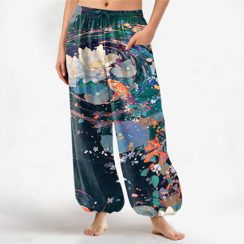 Buddha Stones Cotton Lotus Koi Watercolor Pattern Women's Elastic Waist Harem Pants With Side Pockets - Teal - US16,UK/AU20,EU48 (3XL) - image 7