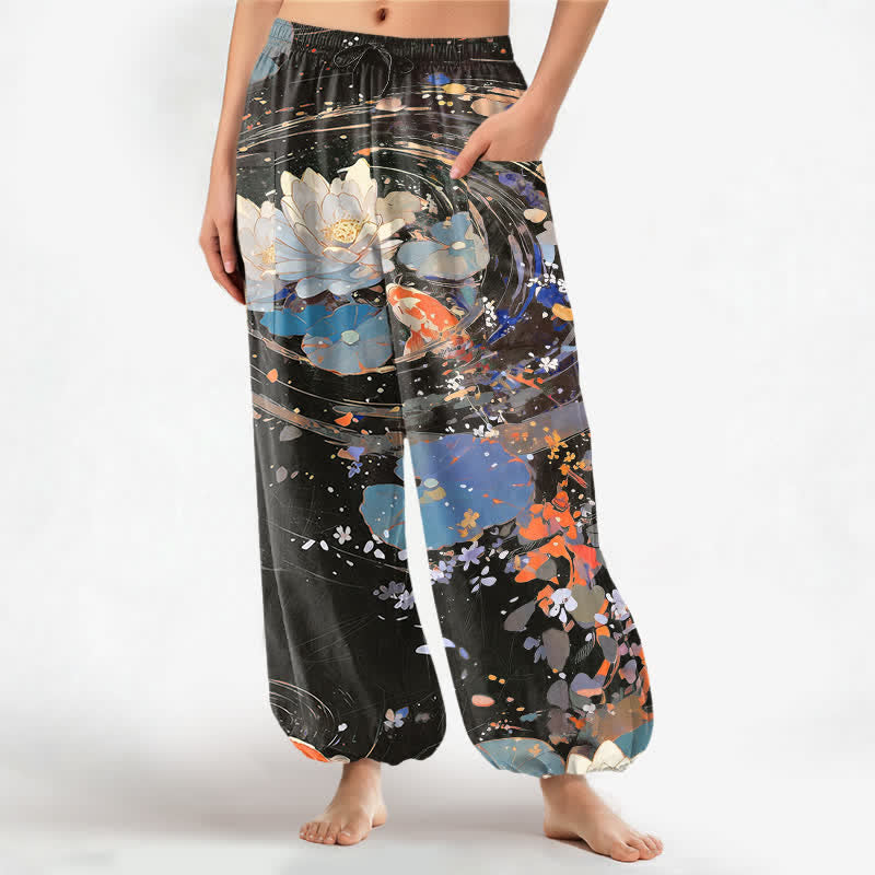 Buddha Stones Cotton Lotus Koi Watercolor Pattern Women's Elastic Waist Harem Pants With Side Pockets - Black - US16,UK/AU20,EU48 (3XL) - image 10