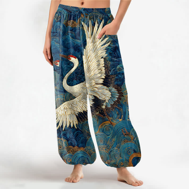 Buddha Stones Cotton Golden Crane Wave Pattern Women's Elastic Waist Harem Pants With Side Pockets - MediumBlue - US16,UK/AU20,EU48 (3XL) - image 0