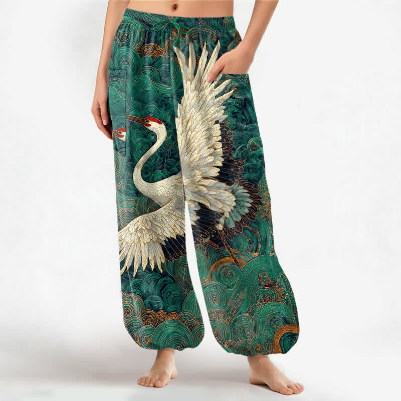Buddha Stones Cotton Golden Crane Wave Pattern Women's Elastic Waist Harem Pants With Side Pockets - SeaGreen - US16,UK/AU20,EU48 (3XL) - image 7