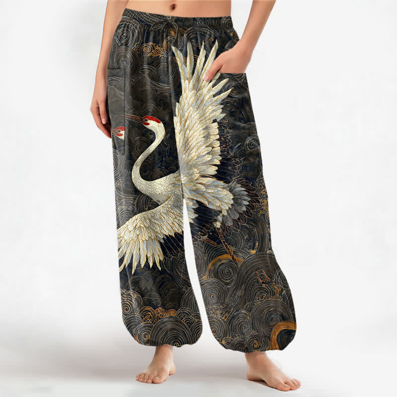 Buddha Stones Cotton Golden Crane Wave Pattern Women's Elastic Waist Harem Pants With Side Pockets - Black - US16,UK/AU20,EU48 (3XL) - image 10
