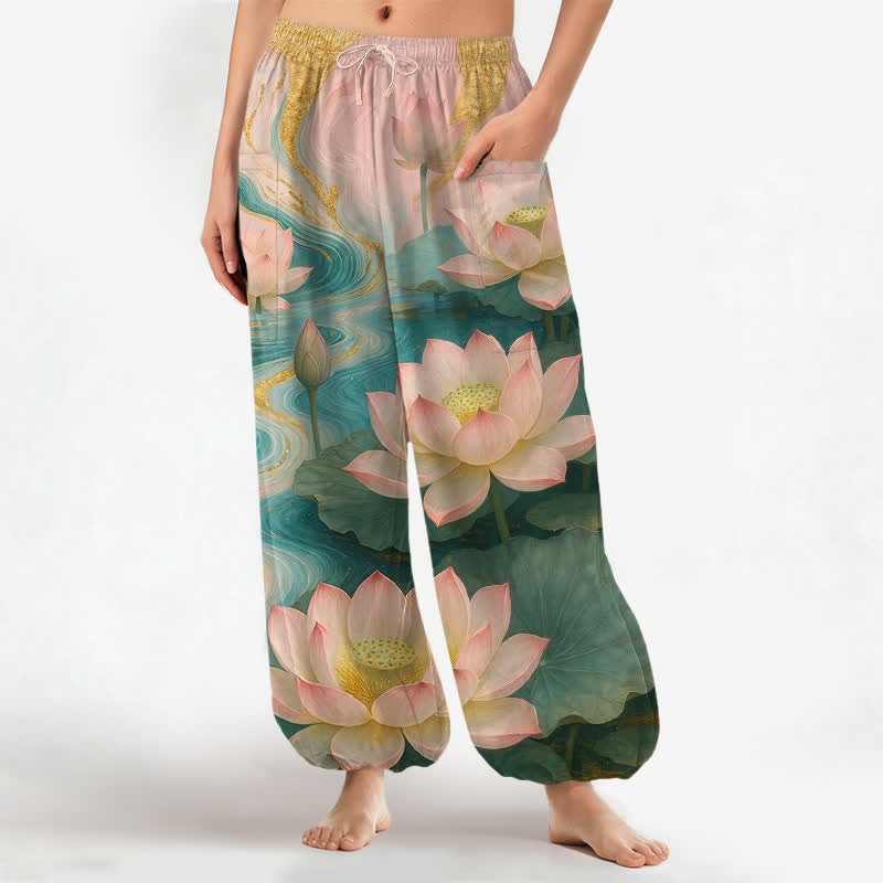 Buddha Stones Cotton Lotus Pond Ink Wash Pattern Women's Elastic Waist Harem Pants With Side Pockets - MediumSeaGreen - US16,UK/AU20,EU48 (3XL) - image 0