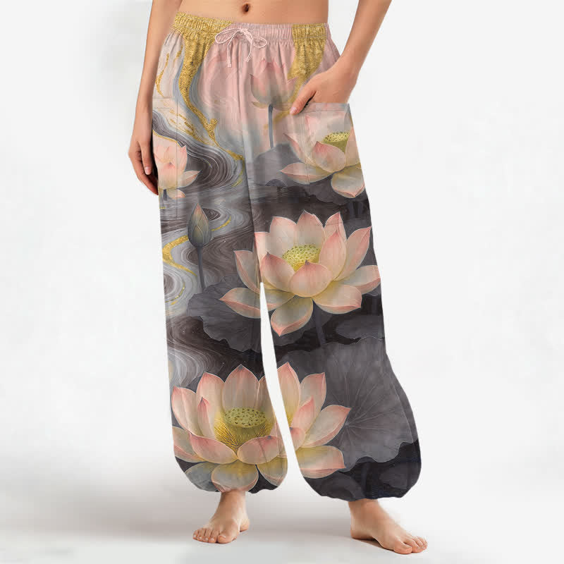 Buddha Stones Cotton Lotus Pond Ink Wash Pattern Women's Elastic Waist Harem Pants With Side Pockets - DimGray - US16,UK/AU20,EU48 (3XL) - image 7