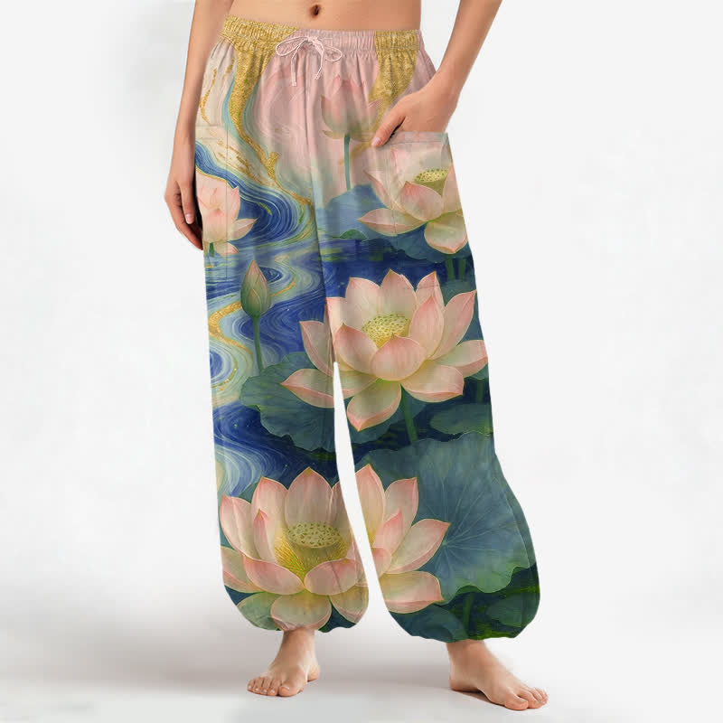 Buddha Stones Cotton Lotus Pond Ink Wash Pattern Women's Elastic Waist Harem Pants With Side Pockets - SteelBlue - US16,UK/AU20,EU48 (3XL) - image 10
