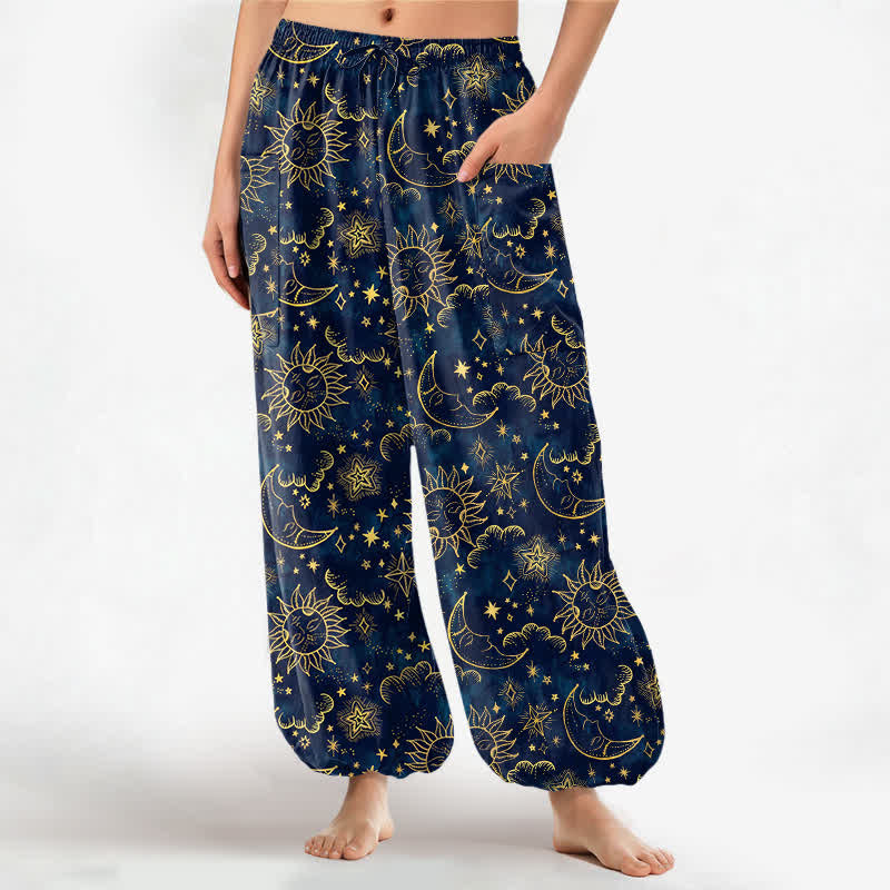 Buddha Stones Cotton Celestial Sun Moon Star Pattern Women's Elastic Waist Harem Pants With Side Pockets - Navy - US16,UK/AU20,EU48 (3XL) - image 0