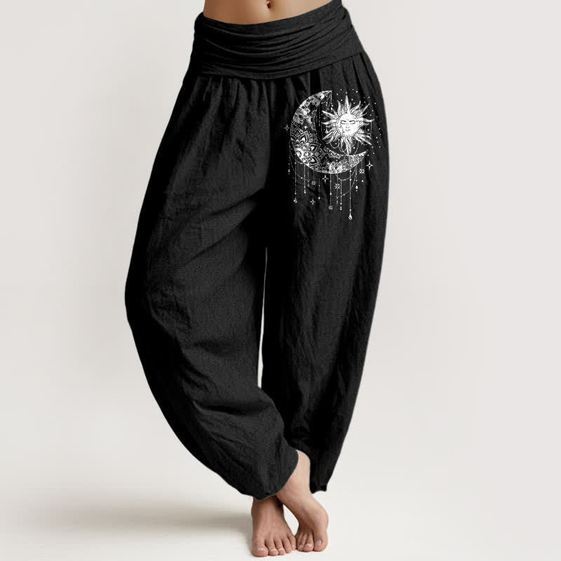 Buddha Stones Pure Cotton Celestial Sun and Moon Pattern Women's Elastic Waist Harem Pants - Black - US16,UK/AU20,EU48 (3XL) - image 0
