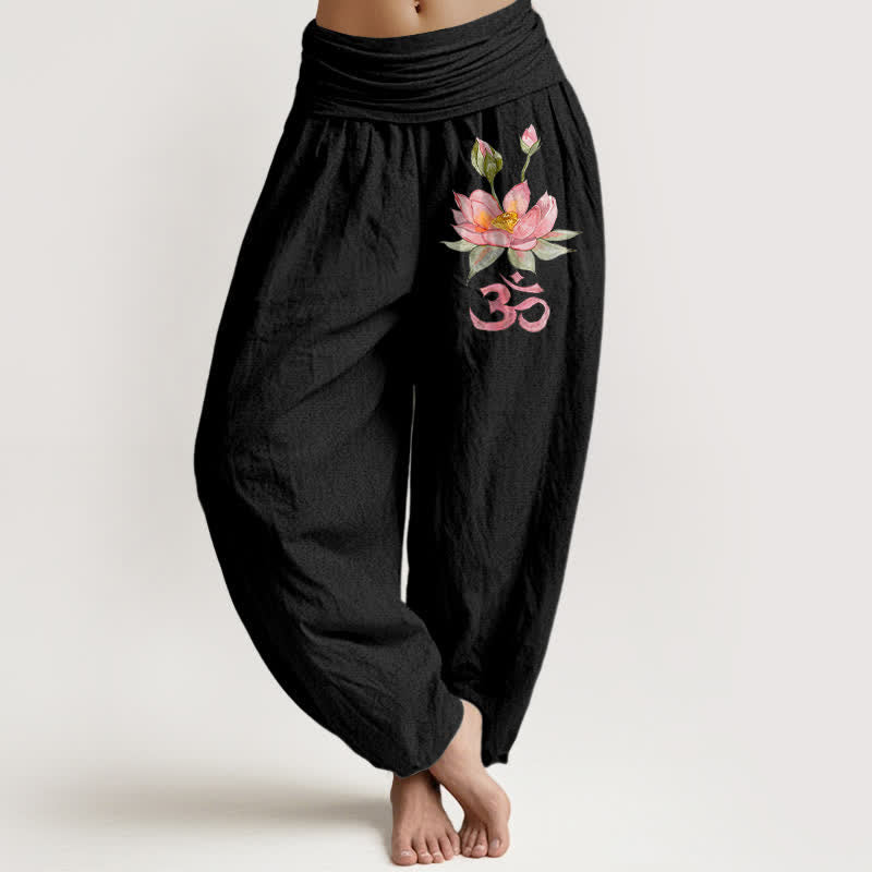 Buddha Stones Pure Cotton Pink Lotus Om Pattern Women's Elastic Waist Harem Pants - Black - US16,UK/AU20,EU48 (3XL) - image 0