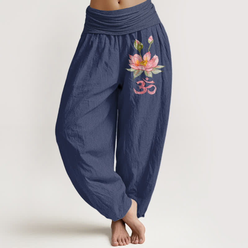 Buddha Stones Pure Cotton Pink Lotus Om Pattern Women's Elastic Waist Harem Pants - DarkSlateBlue - US16,UK/AU20,EU48 (3XL) - image 5