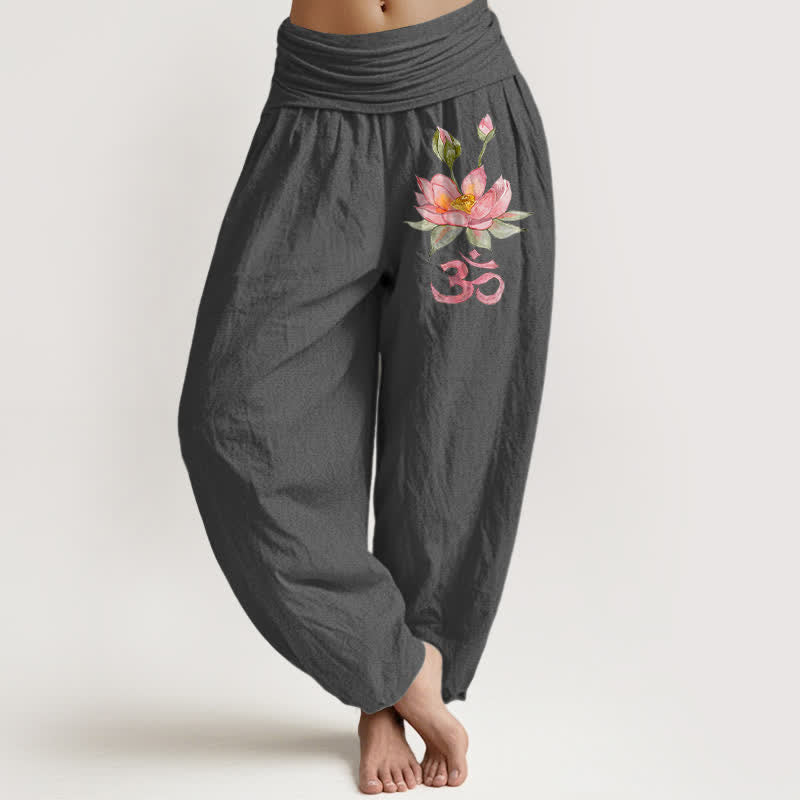 Buddha Stones Pure Cotton Pink Lotus Om Pattern Women's Elastic Waist Harem Pants - DimGray - US16,UK/AU20,EU48 (3XL) - image 8