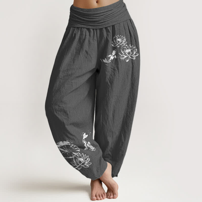 Buddha Stones Pure Cotton Koi Lotus Pattern Women's Elastic Waist Harem Pants - DimGray - US16,UK/AU20,EU48 (3XL) - image 5