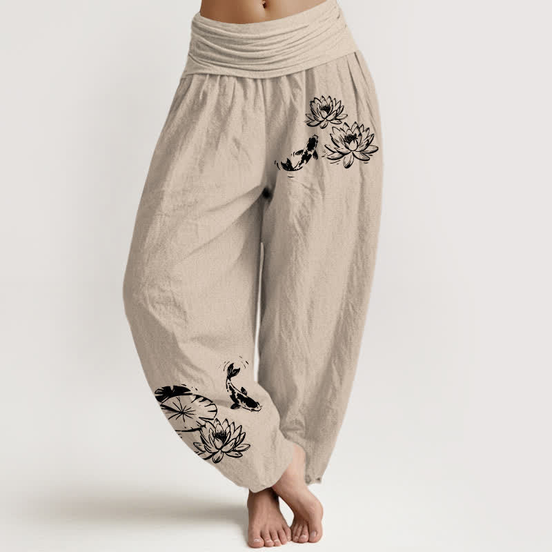 Buddha Stones Pure Cotton Koi Lotus Pattern Women's Elastic Waist Harem Pants - Tan - US16,UK/AU20,EU48 (3XL) - image 8