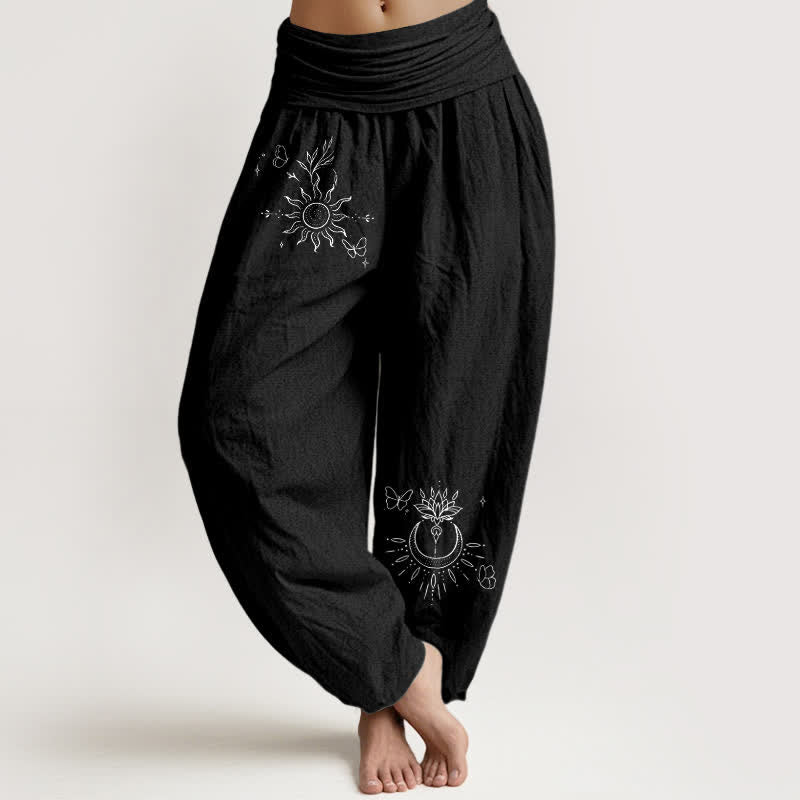 Buddha Stones Pure Cotton Butterfly Sun Lotus Moon Pattern Women's Elastic Waist Harem Pants - Black - US16,UK/AU20,EU48 (3XL) - image 0
