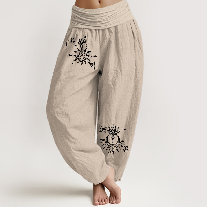 Buddha Stones Pure Cotton Butterfly Sun Lotus Moon Pattern Women's Elastic Waist Harem Pants - Tan - US16,UK/AU20,EU48 (3XL) - image 8
