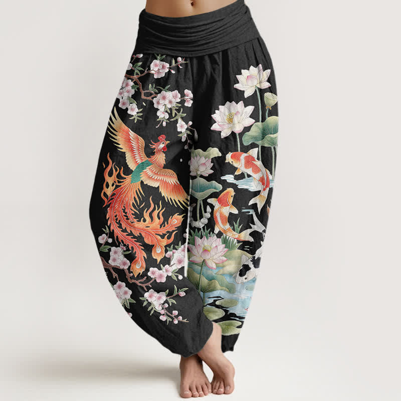 Buddha Stones Cotton Phoenix Koi Lotus Pattern Women's Elastic Waist Harem Pants - Black - US16,UK/AU20,EU48 (3XL) - image 0