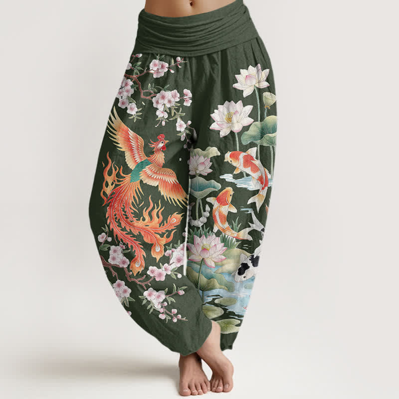 Buddha Stones Cotton Phoenix Koi Lotus Pattern Women's Elastic Waist Harem Pants - DarkOliveGreen - US16,UK/AU20,EU48 (3XL) - image 5