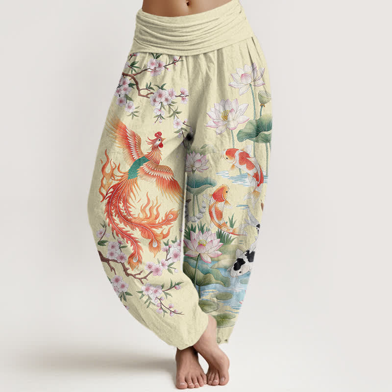 Buddha Stones Cotton Phoenix Koi Lotus Pattern Women's Elastic Waist Harem Pants - LightGoldenrodYellow - US16,UK/AU20,EU48 (3XL) - image 8
